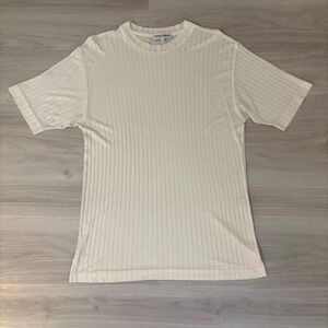 Paolo Valenzi Men T Shirt Ribbed Knit T Shirt Short Sleeve Made in Italy Cream M